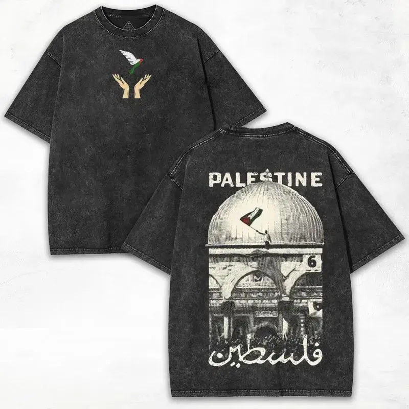 Palestine Freedom Double-Sided Vintage Washed Heavy Cotton Oversized Streetwear T-Shirt — Keffiyeh Watermelon Graphic Unisex Tee, Resist Dark Aesthetic Casual Top, Daily Gift for Social Justice Supporters