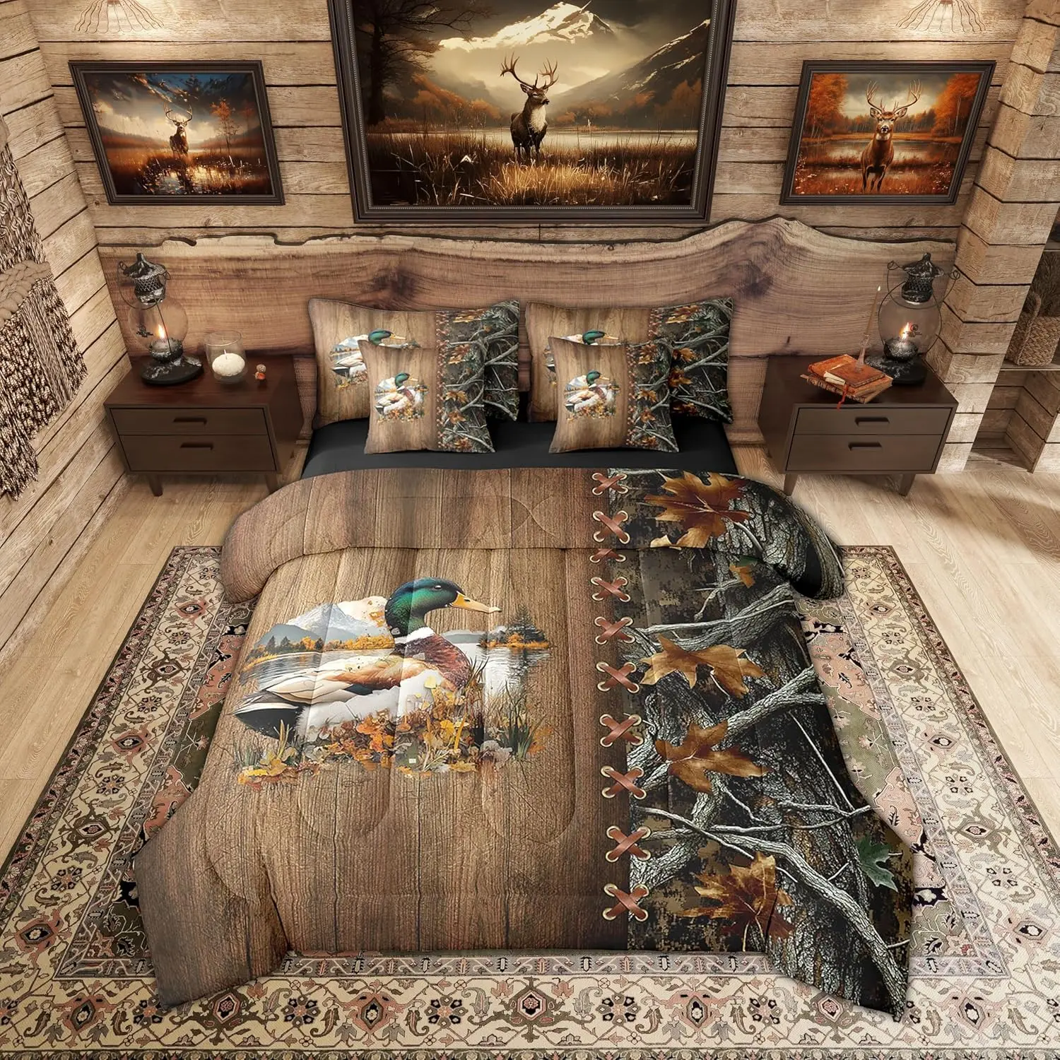 Feelyou 7-Piece Microfibre Luxury Bed Set - Breathable Camo Print Comforter, Rustic Hunting Lodge Cabin-Style Set with Animals, Woodland Leaves, Tree Patterns, Machine Washable