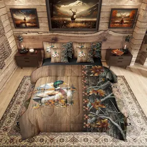 Feelyou 7-Piece Camo Mallard Microfiber Bedding Set - Hunting Lodge Comforter, Rustic Cabin Country Wildlife Woodland Leaves Tree Pattern Bed Set