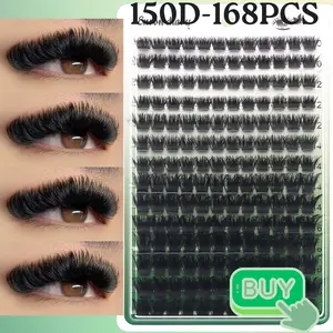 168pcs 150D Mixed Cluster Eyelash Extension 0.07mm Thickness D Curl 10mm-18mm Mixed Natural Style Russian Flat Thick Fluffy Handmade Faux Mink Eyelash Cluster, Suitable For Halloween, Festival, Christmas Makeup,Eyelash Clusters,Individual Eyelashes,Lashes
