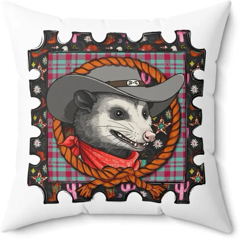 Cowboy Possum Illustration Pillow | Western Pattern Square Pillow