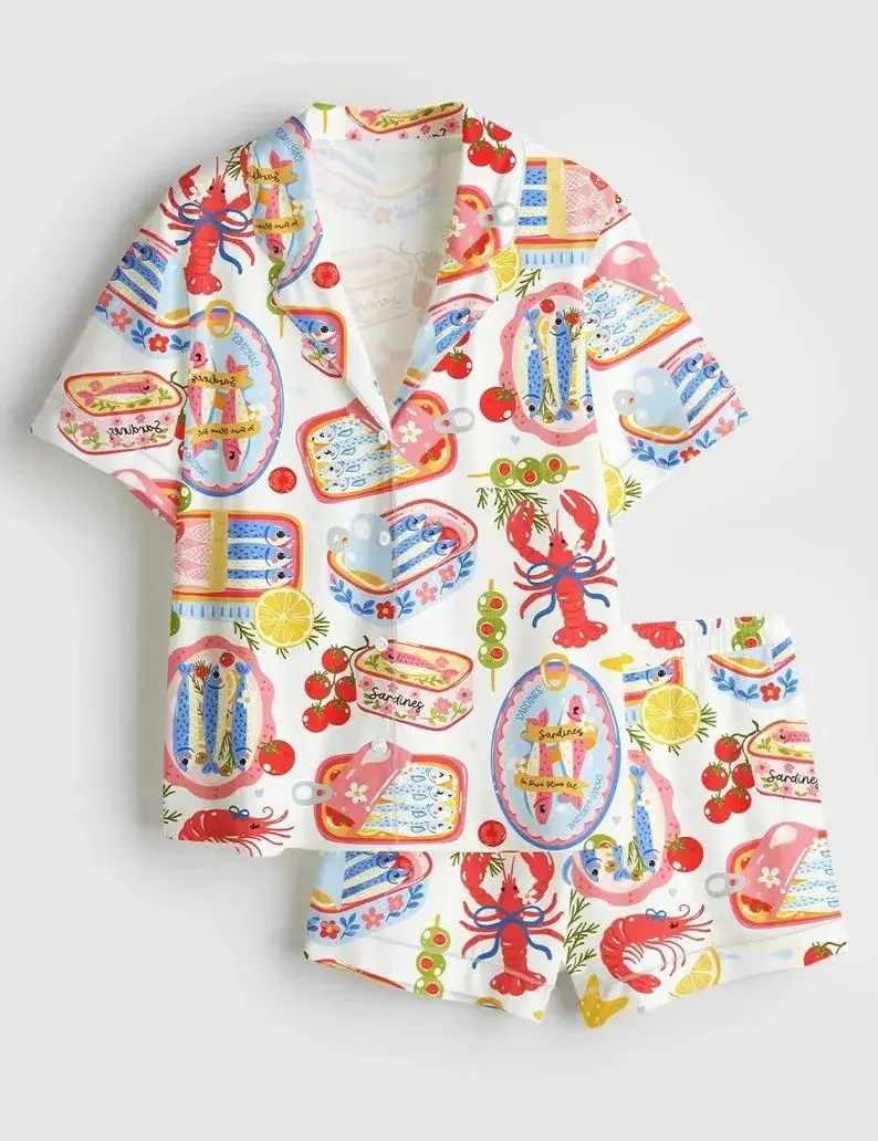 Coastal Seafood Print Pajama Set Women Lobster Sardine Shrimp Lemon Tomato Cute Loose Comfy Short Sleeve Button Shirt Shorts Summer Beach Night Sleepwear Casual Lounge Outfit