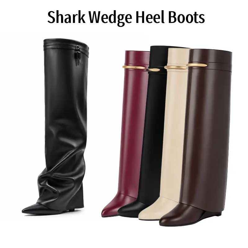 AMINUGAL Fold Over Knee High Boots for Women Covered Wedge Heel  Boot Pointed Toe Wide Calf Pull-On Boots Walking Shoes Footwear