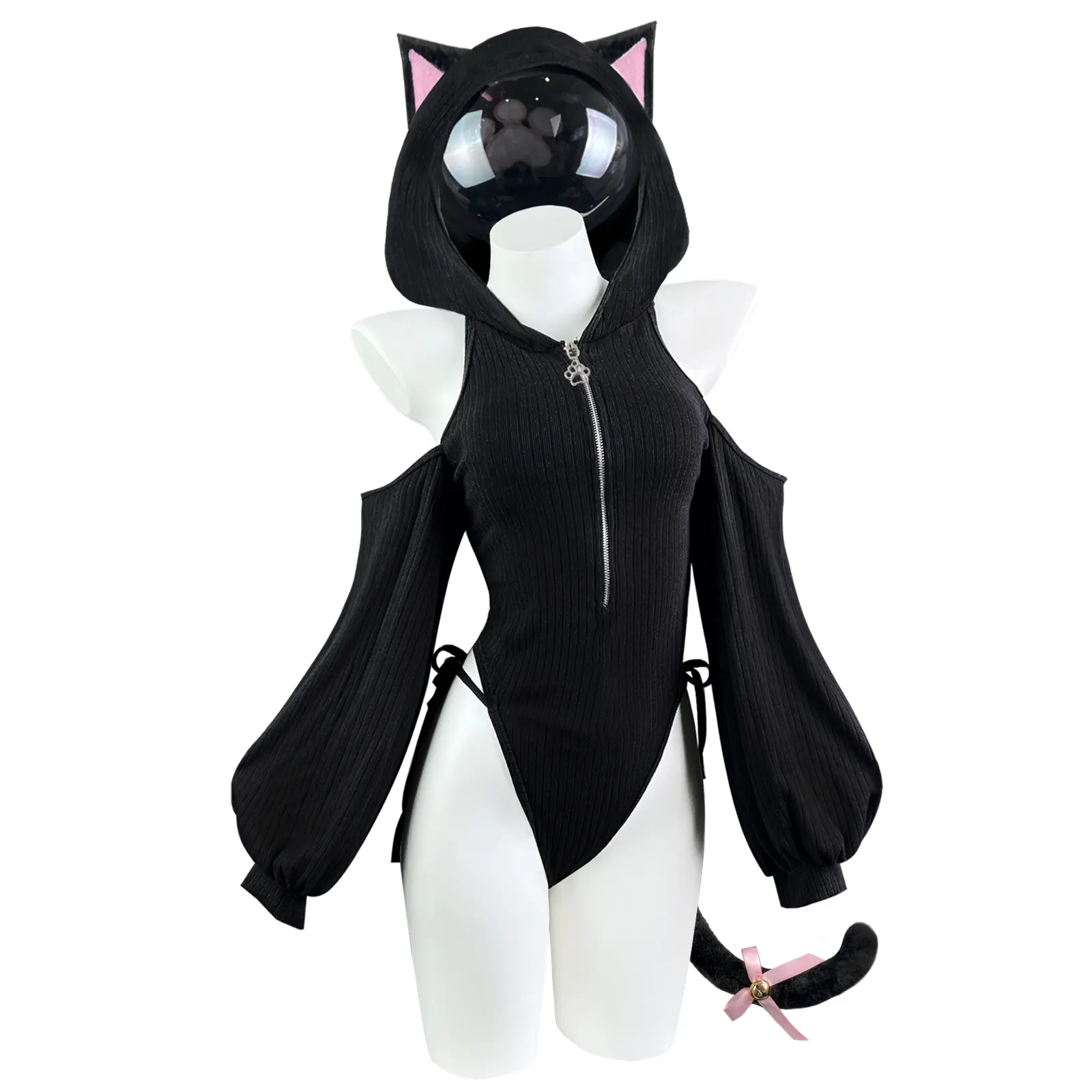 KORURACLUB Women Cute Cat Bodysuit Set Ears Tail Party Outfit