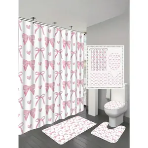 1/4 Piece Cute Pink Bow Shower Curtain, Modern Stylish Bathroom Curtain Set, Includes Waterproof Shower Curtain, Non-Slip Rug, Toilet Lid Cover, Bath Mat And 12 Plastic Hooks, Machine Washable, Jacquard Woven Waterproof Polyester Fabric