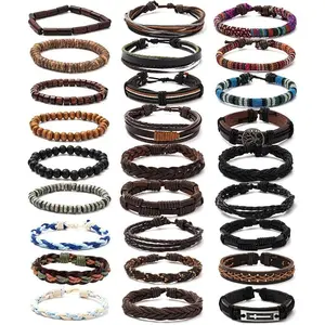 27-Piece Braided PU Leather Bracelet Set for Men & Women - Adjustable Cuff with Wood Beads & Hemp Cords, Ethnic Tribal Style Wristbands. Perfect Gift