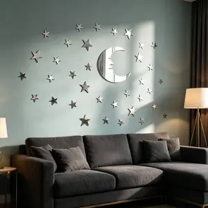 Moon & Stars Acrylic Mirror Decorative Wall Stickers, 3D Self-Adhesive DIY Celestial Mirror Wall Decals, Modern Nordic Style Shatterproof Wall Art Decor for Kids Room Bedroom Nursery, Make Room Look Bigger, Easy Install