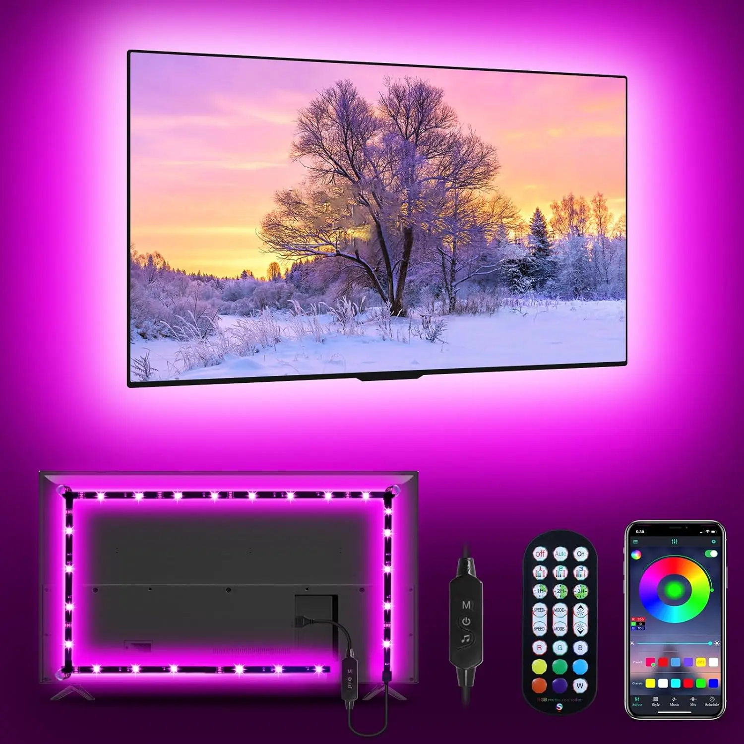 LED Lights RGB Backlight, 16.4ft Strip for 65-85 inch TV Behind, Music Sync USB  APP Remote Control Color Changing Light for Gaming Room