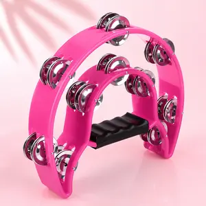 Handheld Half Moon Tambourine – Double Row Jingles, Multicolor Pink, Ergonomic Grip for KTV & Party