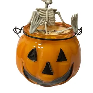 Halloween Pumkin Jar Scented Candle Spooky Vela Skeleton Decor with Orange Glass Jar and Black Accents Ornaments Perfume Decoration Aroma