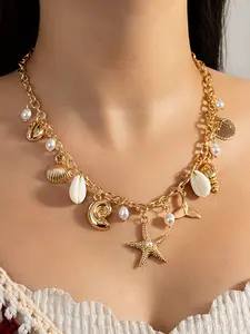 Abs Imitation Pearl Starfish Charm Bracelet Necklace Set, Zinc Alloy Shell Accents Design Jewelry for Women, Fashion Accessory for Daily Wear, Versatile Pairing