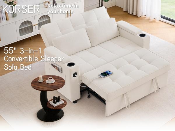 Korser 55.5-Inch 3-in-1 Convertible Chenille Sofa Bed, Pull-Out Double Couch With 5-Position Adjustable Backrest & Cup Holders, Ideal For Small Apartments & Living Room Korser 55.5-Inch 3-in-1 Convertible Chenille Sofa Bed, Pull-Out Double Couch With 5-Position Adjustable Backrest & Cup Holders, Ideal For Small Apartments & Living Room