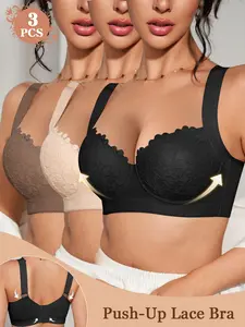 2/3PCS Women's Lace Floral Push-Up Bra Set, Comfortable Underwire Support Anti-sagging Side Shaping, Adjustable Wide Straps, Elegant Breathable, Daily Wear