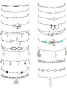 20pcs Ankle Bracelets for Women, Adjustable Silver Color Anklets, Womens Anklet Bracelets, Beach Anklet Jewelry Set, Dainty Layered Anklet, Aesthetic Jewelry Gift