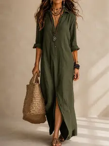 Boho Shirt Dress Women – Front Button Flowy Maxi Dress, Summer Casual Beach & Resort Outfit, Relaxed Fit Vacation Dress, Plus Size