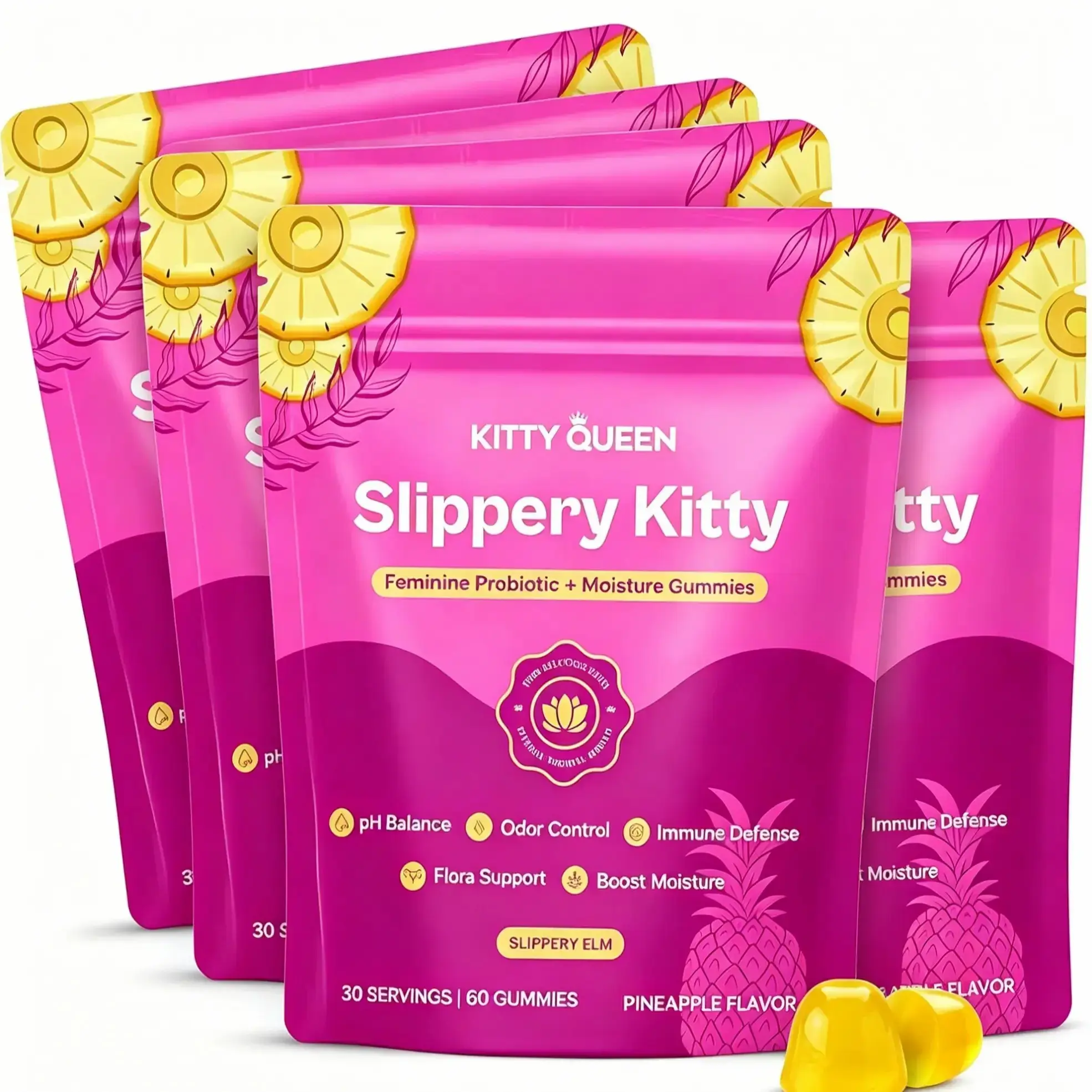 KITTYQUEEN Slippery Kitty Feminine Probiotic and Moisture Gummies, Pineapple Flavor, Women’s Probiotic Gummies for Vaginal Health, pH Balance, Odor Control, Flora Support and Moisture Boost, 60 Count