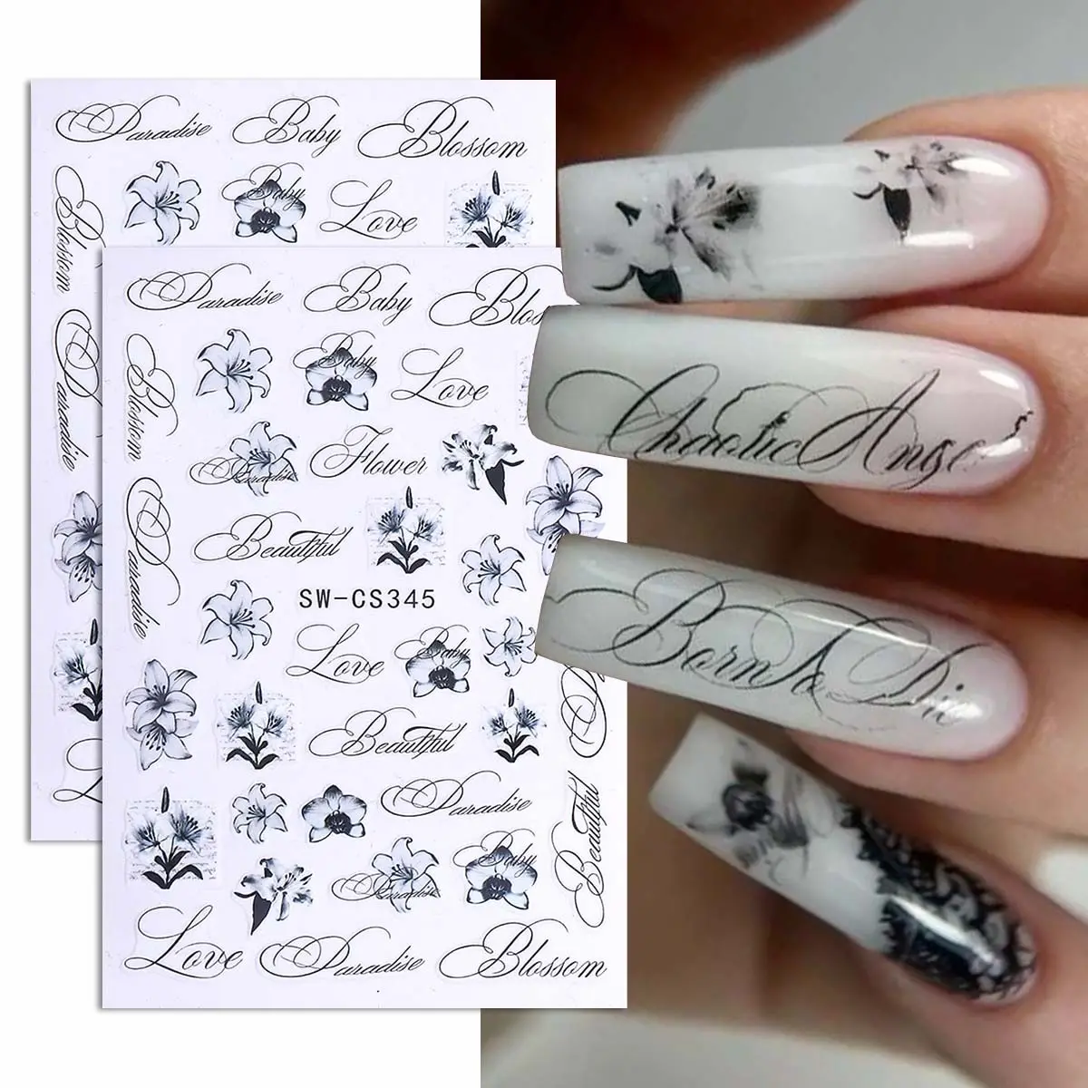 2pcs Elegant Flower Design Nail Art Stickers, Lily English Simple DIY Self-Adhesive Decals, Perfect for Women and Girls Nail Decoration, Nail Art Sheet, Flower Nails, Nail Art Products