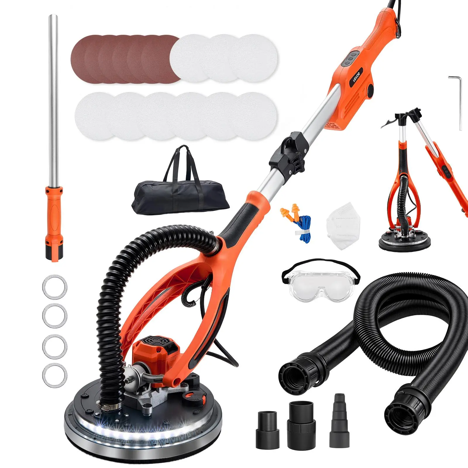 【SummerFinds】VEVOR Drywall Sander, 950W Electric Drywall Sander, Popcorn Ceiling Removal Tool with 7 Variable Speed 1000-2300 RPM, Double-Deck LED Light, Foldable & Extendable Handle, 15 Sanding Discs, Dust Hose