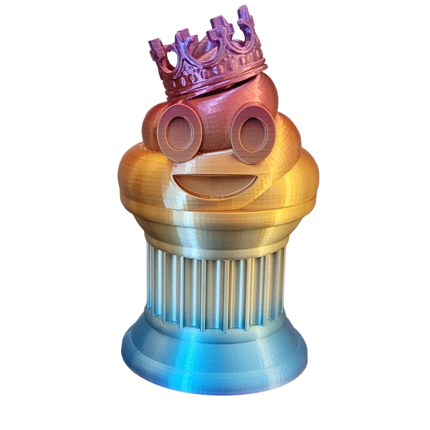 Znet3D King Poop Emoji Trophy - Fun Award & Gift - Handmade w/Additive Manufacturing - 6" inches Tall - Featuring a Solid Poop Emoji with a Crown, Secured on a Column Pillar