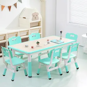 Kids Table and Chair Set, Height Adjustable Desk With 6 Seats, Suitable for Kids Ages 2-10, Multifunctional Toddler Table with Non-Slip Legs for Classrooms, Daycares, Home (Lake Blue)