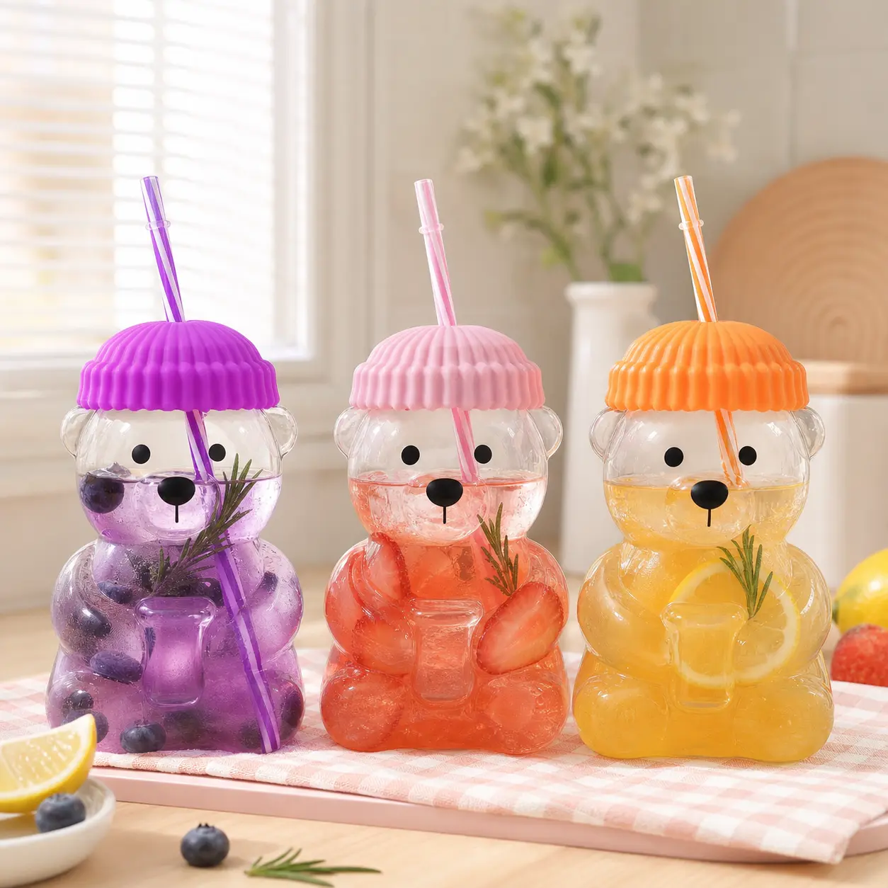 20 oz Cute Bear Glass Drinking Cup with Straw and Lid, Fun Iced Coffee Juice Tumbler