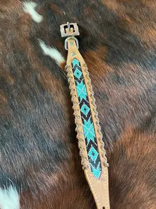 Genuine leather dog collar with teal, white, and black southwest beaded inlay design, a leather wrapped edge