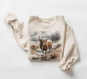 Retro Highland Cow Sweatshirt - Nineties 90s Vintage Scottish Cows In Nature Scene Outfit - Boho Unisex Crewneck Sweatshirt