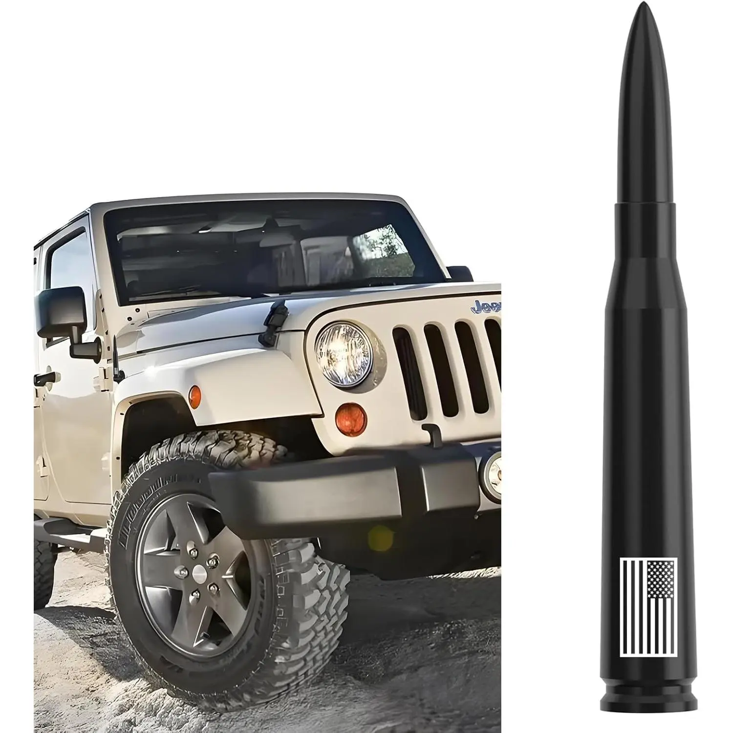 American Flag Car Truck Bullet Antenna Replacement - Anti-Theft Design for Jeep Wrangler Gladiator JL JK JT Rubicon Sahara Unlimited Sport 4xe Willys Mojave 2007-2025 (Black)