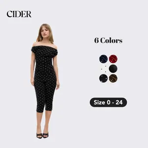 Cider Cotton-blend Off-shoulder Polka Dot Ruched Top & Stretch Capri, Lady Polka Dot Design Outfit for Daily Casual Wear, Women's Fashion Summer Outfit for Beachwear, Streetwear and Date night