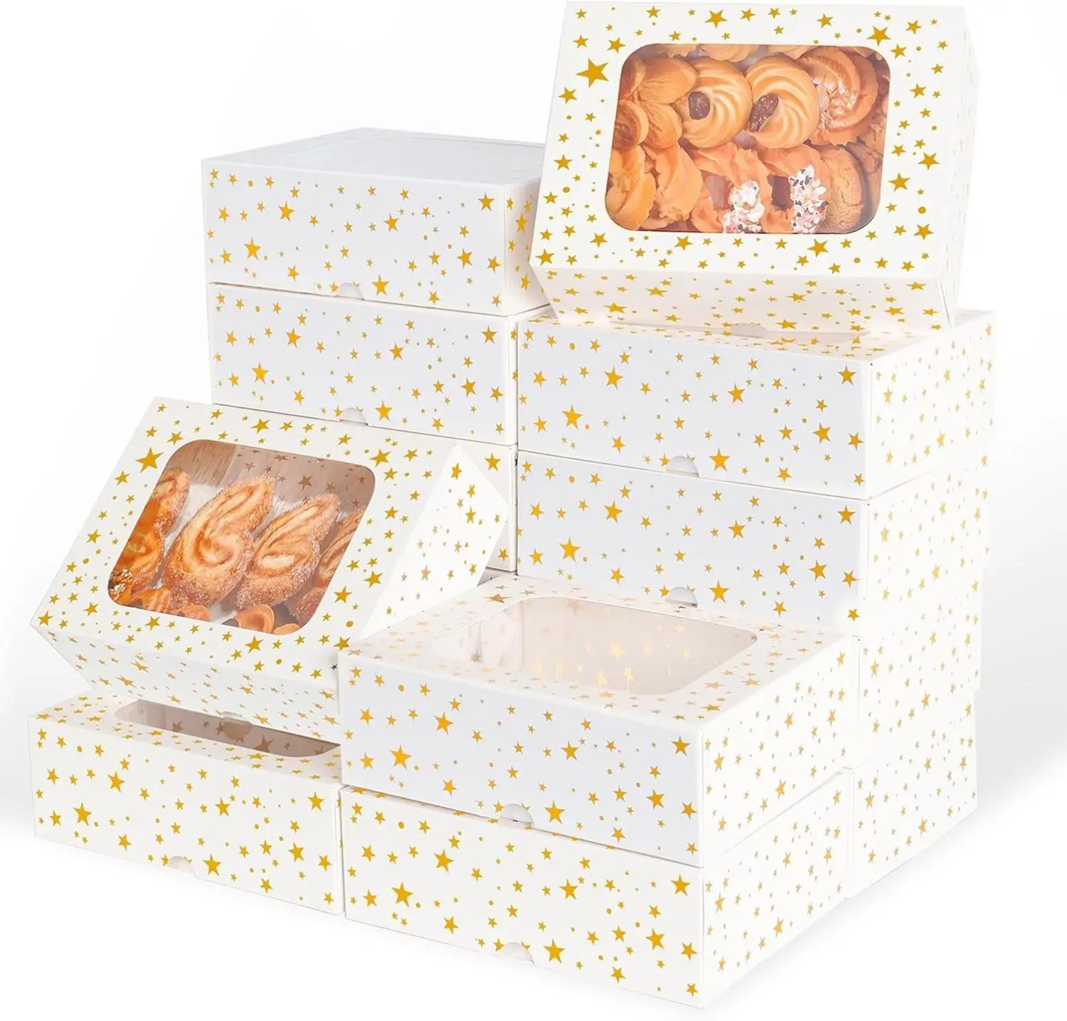 24Pcs Christmas Cookie Boxes with Window - Gold Foil Star Pastry Boxes for Gift Giving, Bakery Boxes, White Christmas Cookie Tins with Lids,Dessert, Donut, Baked Goods Packaging