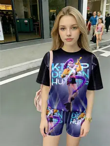 K-POP Demon Hunter Girl Set, Black-Purple Color Block Purple Hair Girl + Lightsaber Print T-shirt + Matching Stretchy Shorts, Kids 2-Piece Outfit
