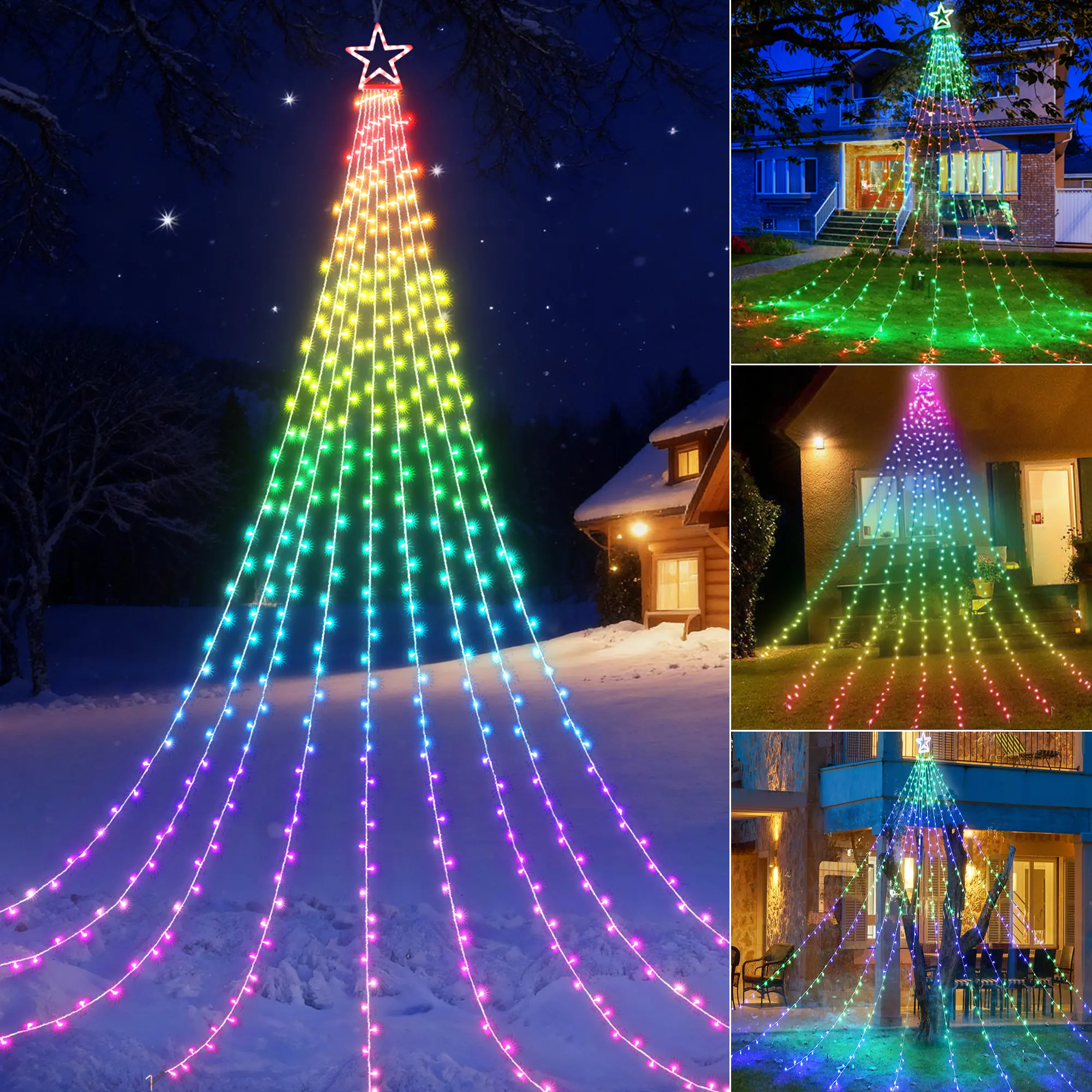 FLACCHI 16.4Ft RGB Star Waterfall Tree String Lights - Waterproof, Remote-Controlled Dynamic Lighting for Outdoor Yd, Housetop Decor - Outdoor Landscape Lights