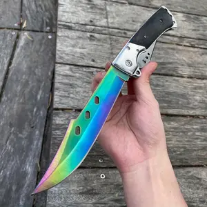Large folding knife with ebony handle and sheath, 7.2-inch blade, suitable for pocket carry, camping, hiking, Hiking Essentials, BBQ, adventure and survival tool, Survival Equipment, Survival Gear (Rainbow design) Outdoor Camping Knives