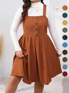 Plus Size Button Decor Pleated Pinafore A-Line Dress, Casual Sleeveless Tank Dresses for Fall & Winter Daily Wear Holiday, Women's Clothes, without Sweater