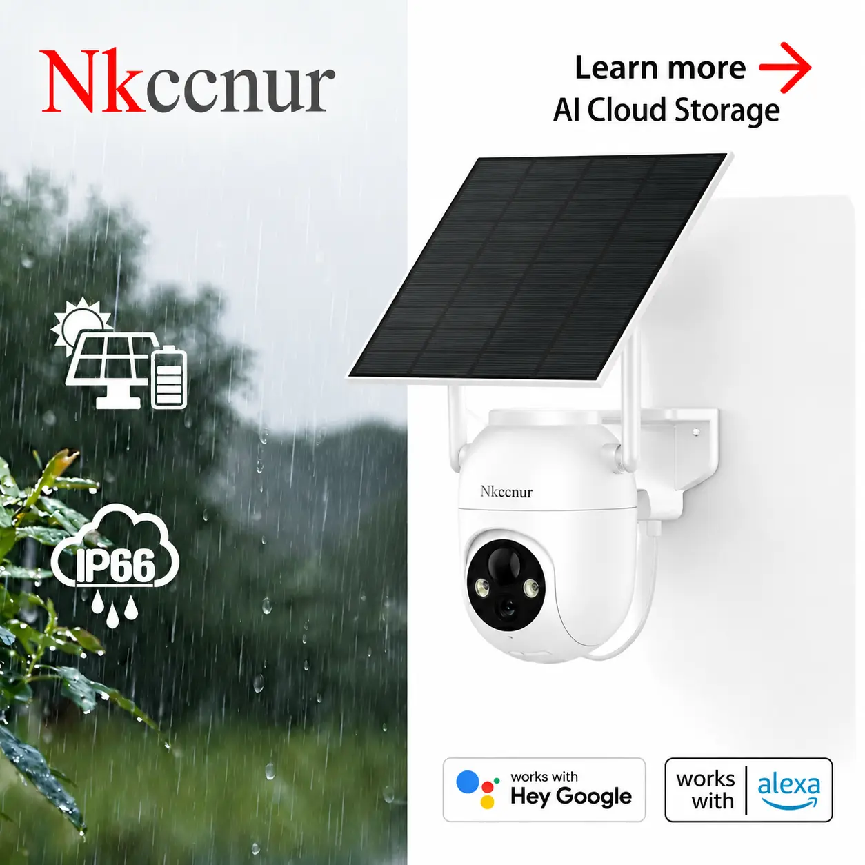 NKCCNUR Solar-Powered Wireless WiFi Outdoor Security Camera, IP66 Waterproof, AI Motion Detection, 2-Way Audio, HD Night Vision, Pan/Tilt Surveillance