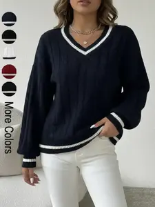 Women's Contrast Binding Drop Shoulder Cable Knit Sweater, Casual Long Sleeve V-Neck Jumper for Spring & Fall, Fashion Knitwear for Daily Wear