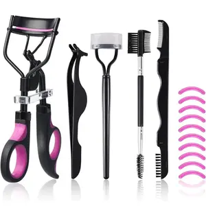 Eyelash Curlers Kit for Women - 3 in1 Mascara Brushes, Eyelash Extension Tweezers, Foldable Eyebrow Brush & Comb, Includes 10 Silicone Refills Pads