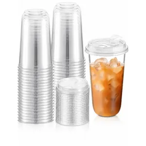 15OZ PET Disposable Cups with Drink Through Lid – Non Leaking & High Temperature Resistant – For Coffee Shop, Cold Drink & Bubble Tea Store Use – Food Grade & Sturdy, clear disposable plastic cup