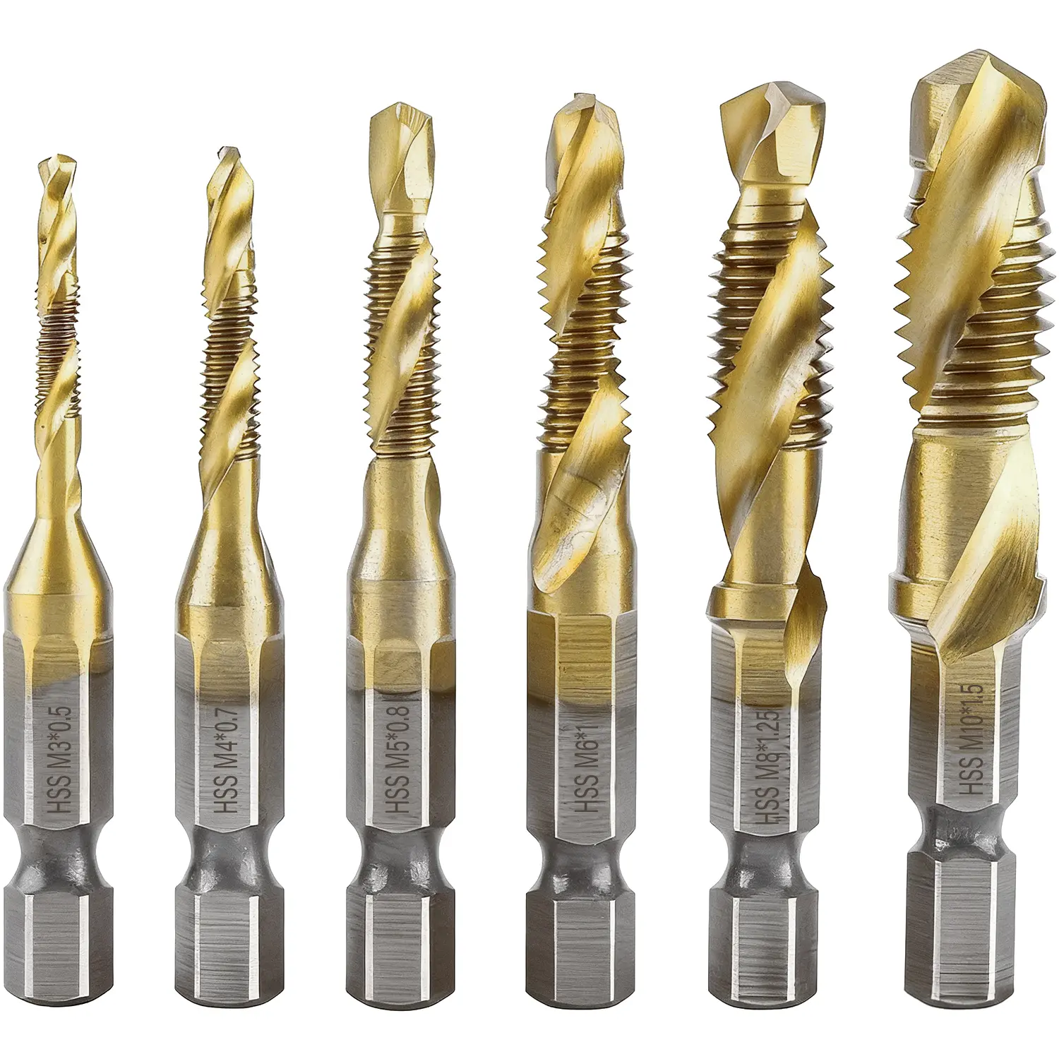 Drill Tap Set, 6 Packs Titanium Plated Combination Taps Drill Bit Set, M3 M4 M5 M6 M8 M10 Hex Shank HSS Screw Thread Metric Compound Tap Drill Bits Metal Drilling,father'sdaygifts
