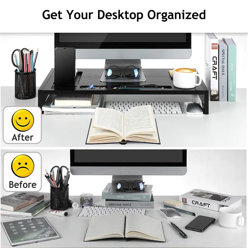 23 in Bamboo Monitor Stand Riser - Black Finish, Office Desk Accessory, Laptop Holder, Space-Saving Storage Organizer for PC Computers - Home & Office Use