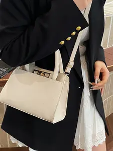 2026 New Vintage Dark Litchi Leather Handbag, Buckle Structured Mini Tote, Elegant Crossbody Shoulder Purse for Women