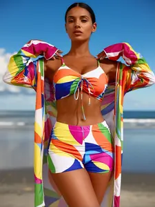 2026 Women's 3 Piece Swimsuit Set, Ruched Front Drawstring Bikini Top with High Waist Boyshorts & Long Sleeve Cover Up,  Rainbow Geometric Print Modest Tummy Control Swimwear for Beach Vacation