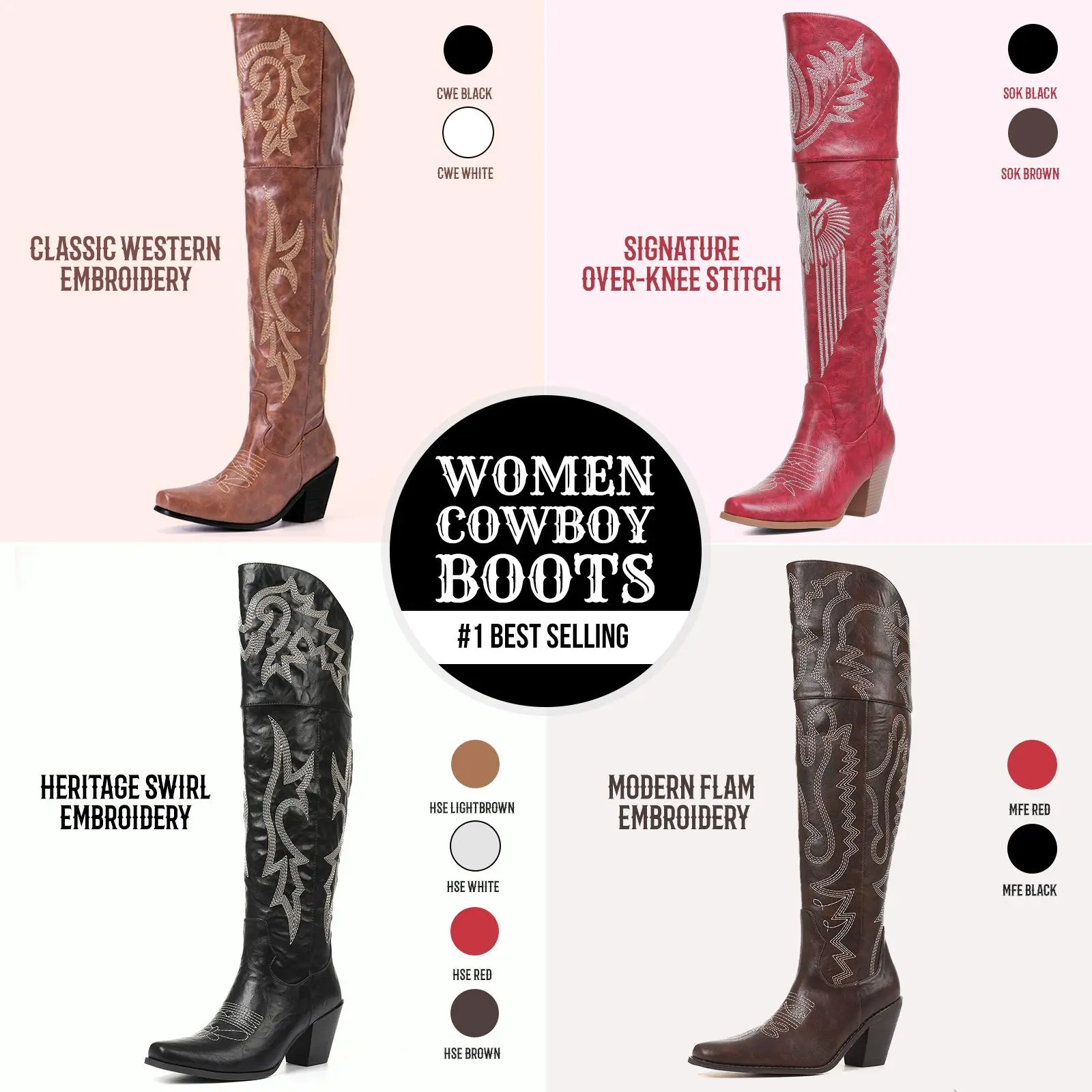CELNEPHO Womens Cowboy Boots Pointed Toe Classic Embroidered Chunky Block Heels Side Zipper Closure Comfy Easy Pull on Over the Knee Western Boot Summer Party Gifts Work Casual Riding Concert Festival Fashion Vintage Retro Long Tall Cowgirl Dressy Shoes