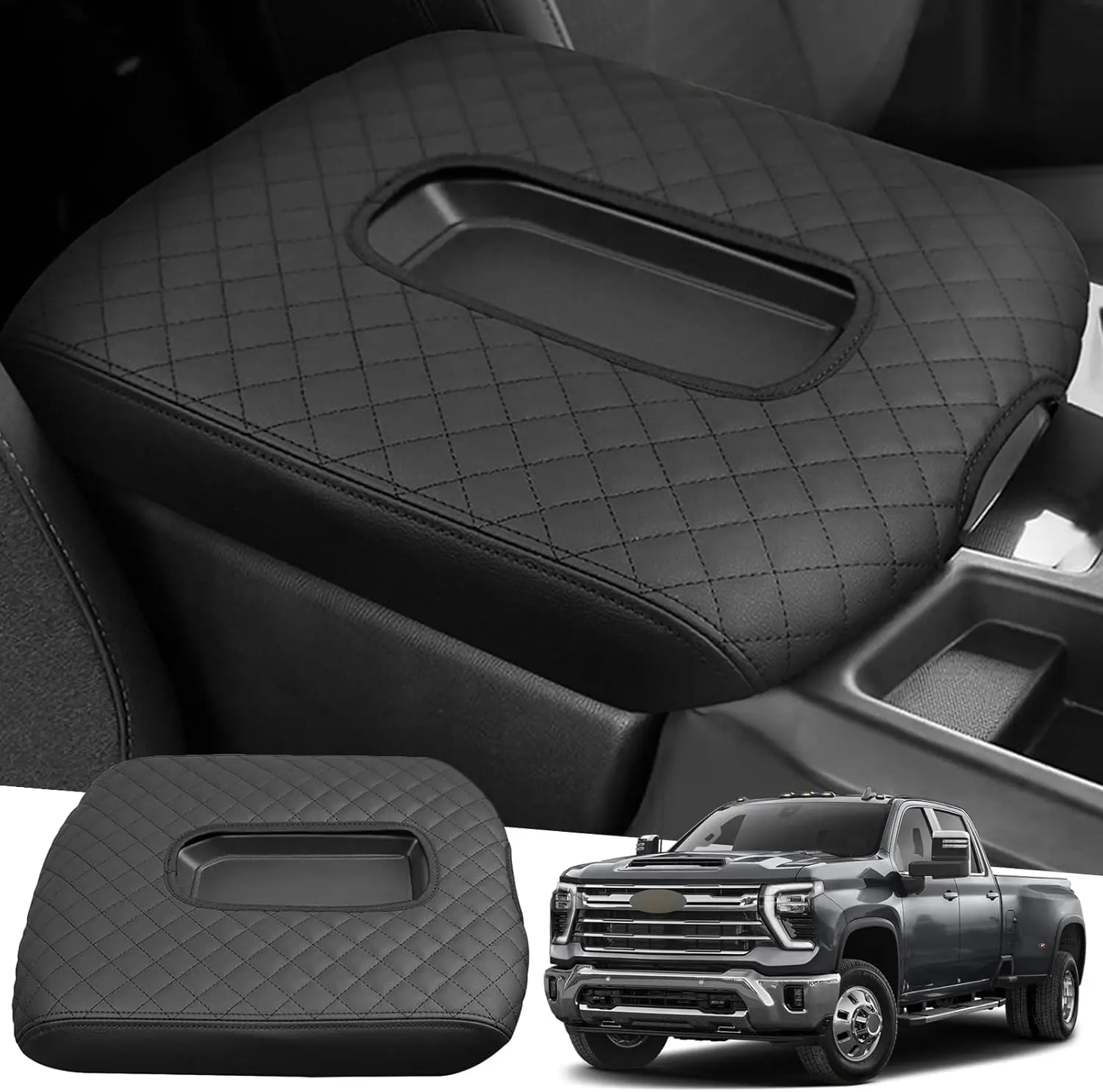 Leather Center Armrest Lid Protective Cover, Car Interior Accessory for Chevrolet Silverado/GMC Sierra 2019-2025/2026 (Fits Split Long Seats' Split Seat Center Armrest Only)