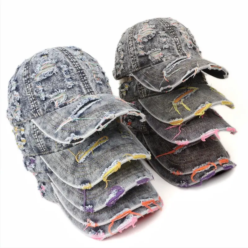 Retro washed denim distressed baseball cap, unisex fashion color-blocked distressed duckbill cap, sun protection hat, trendy.