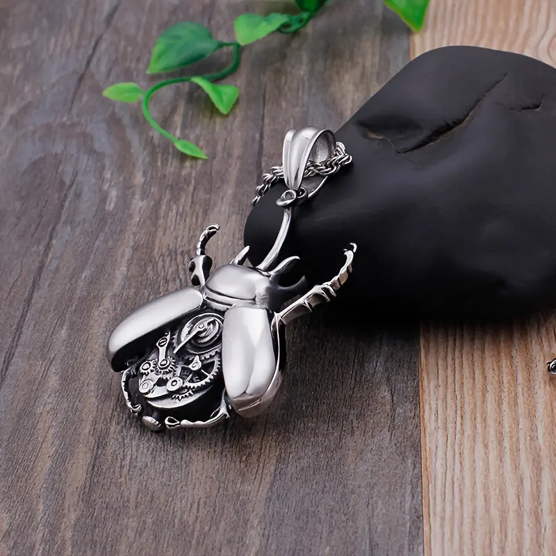 Steampunk Style Men's Beetle Necklace Featuring Intricate Gears and Brass Finish Handcrafted Adjustable Chain for Bold Individualistic Male Fashion Statement Jewelry