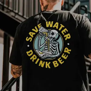 SAVE WATER DRINK BEER Skull Black Print T-shirt unisex fashion, soft fabric, short sleeves, loose fit.