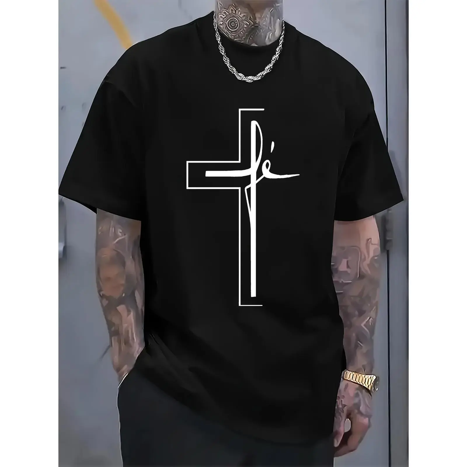 Casual  T-Shirt for Men – Short Sleeve, Religious Cross Print, Slight Stretch Fabric
