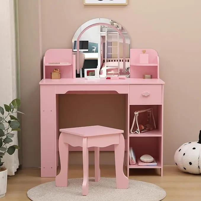 Little Girls LED Vanity Desk with Lighted Mirror, Adjustable LED Light, Stool, Bookshelf, Storage Drawer, Shelves - Modern Dressing Table, Mirror Makeup Vanity