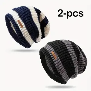 [2pcs Vintage Pile Cap] 2pcs Vintage Pile Cap - Loose Striped Fashionable Big Head Circumference, Winter Warm Windproof Cycling Cap to Show Off Face Size